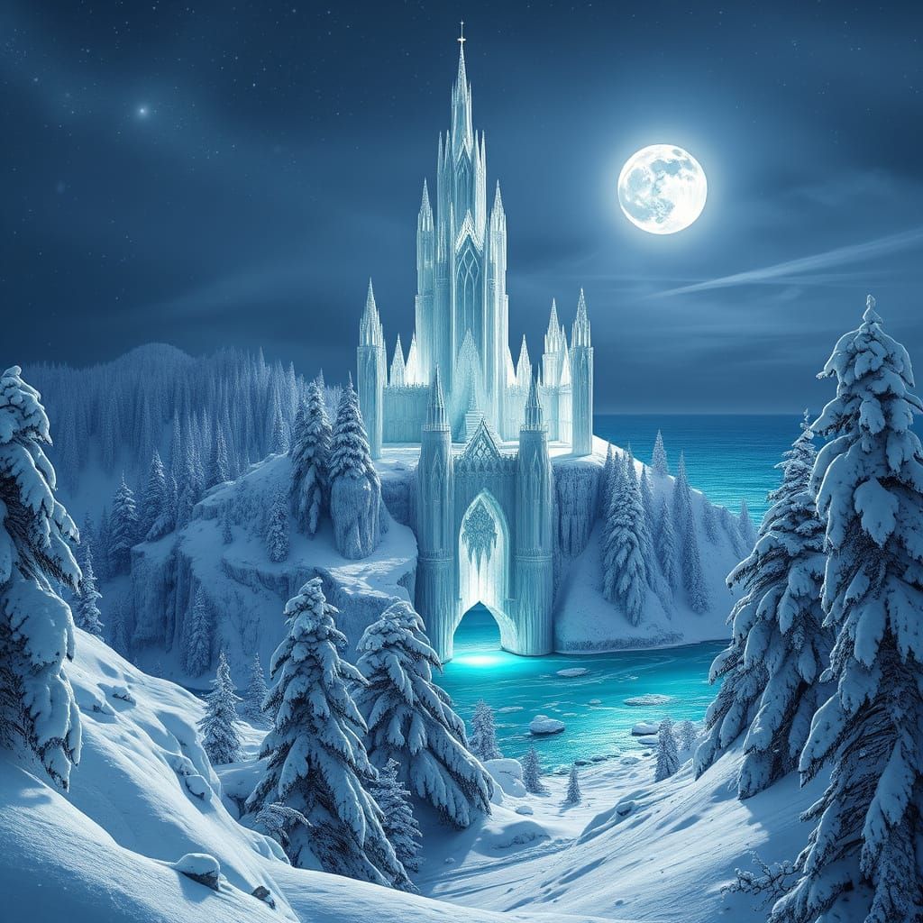 midnight midwinter snowfall engulfing a breathtakingly imposing ice fortress on a coast overlooking sparkling ...  by @-jul2910-
