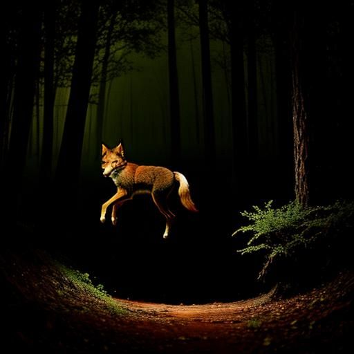A red wolf jumping into a hole in the forest floor, in the 1...
