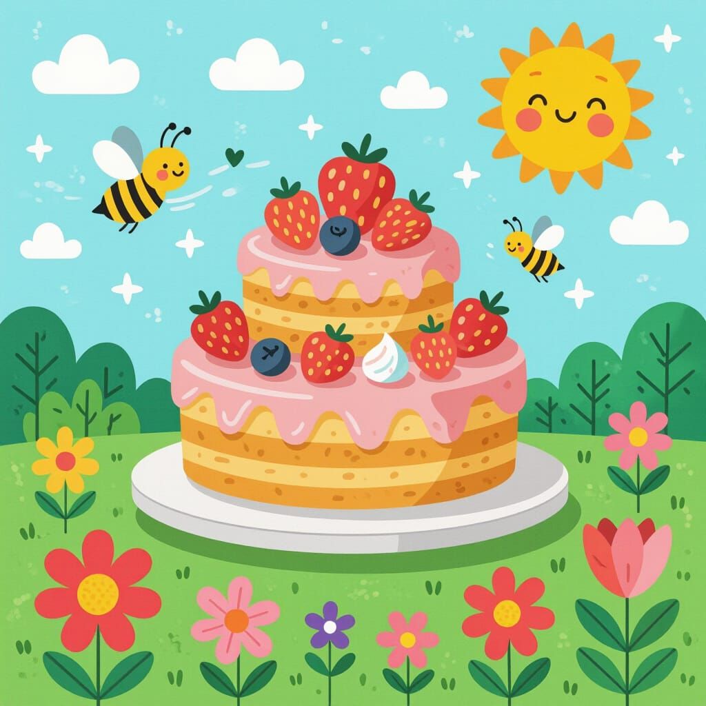 Vibrant Summer Meadow with Flowers, Berries, and Bees