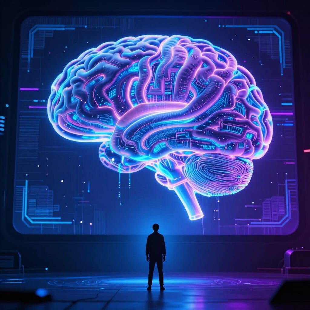 Human Figure Before Giant Digital Brain in Cyberpunk Style