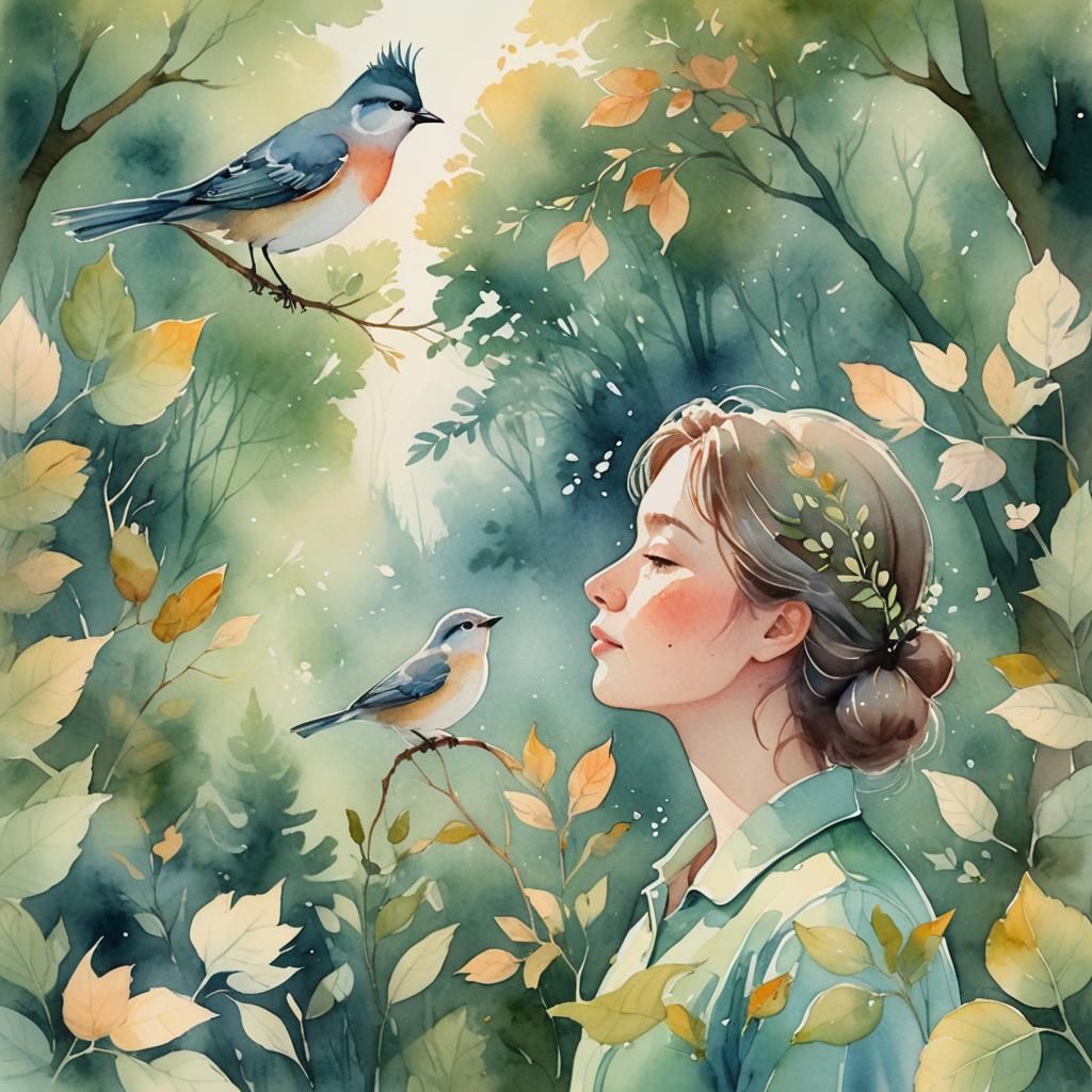 Whimsical Bird Whispering in Dreamy Watercolor Style