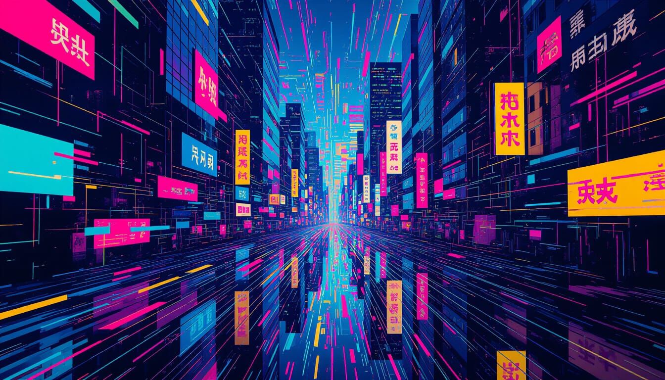 An abstract cityscape rendered with vibrant, chaotic glitch art effects. Buildings twist and distort, their forms dissolving into digital no...