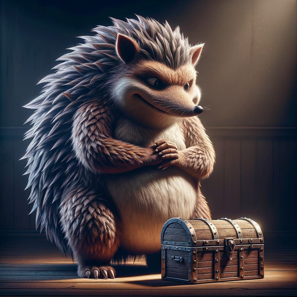 an anthropomorphic hedgehog guarding his treasure chest; loo...