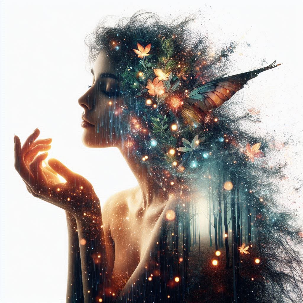 double exposure beautiful fantasy DALL-E 3 portrait landscape..