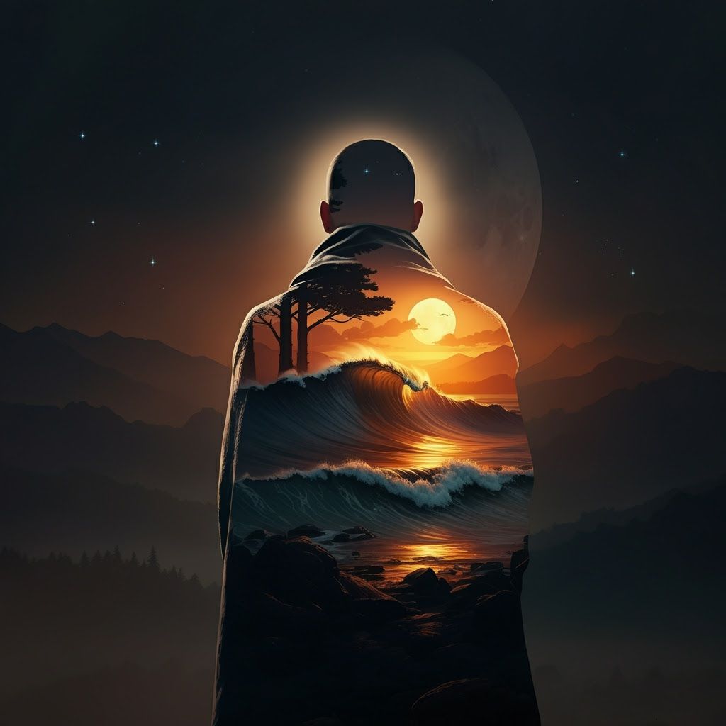 Silhouette Warrior Embraces Fiery Sunset and Starlit Sky