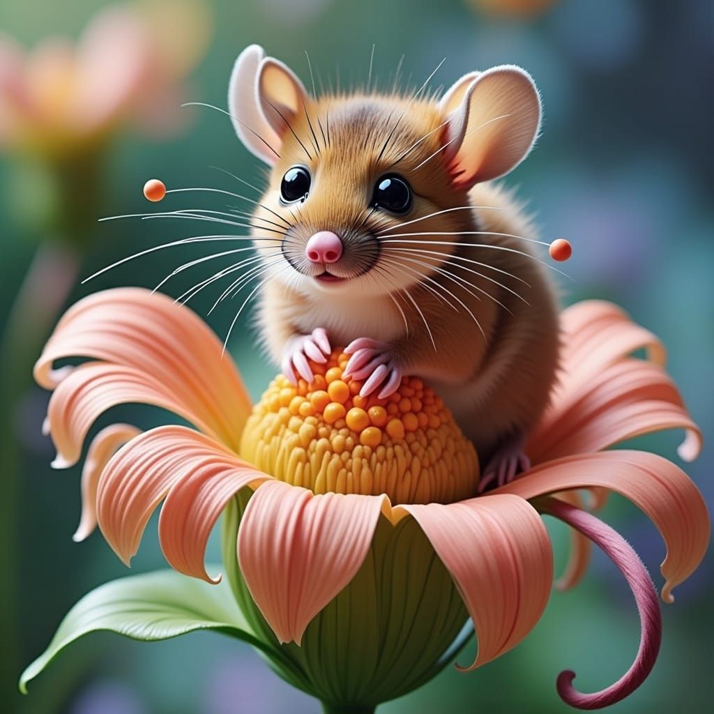 <lora:Sugar Rush:1.0> hyperrealism, retrofuturism, pastel, chrome, mouse on a flower