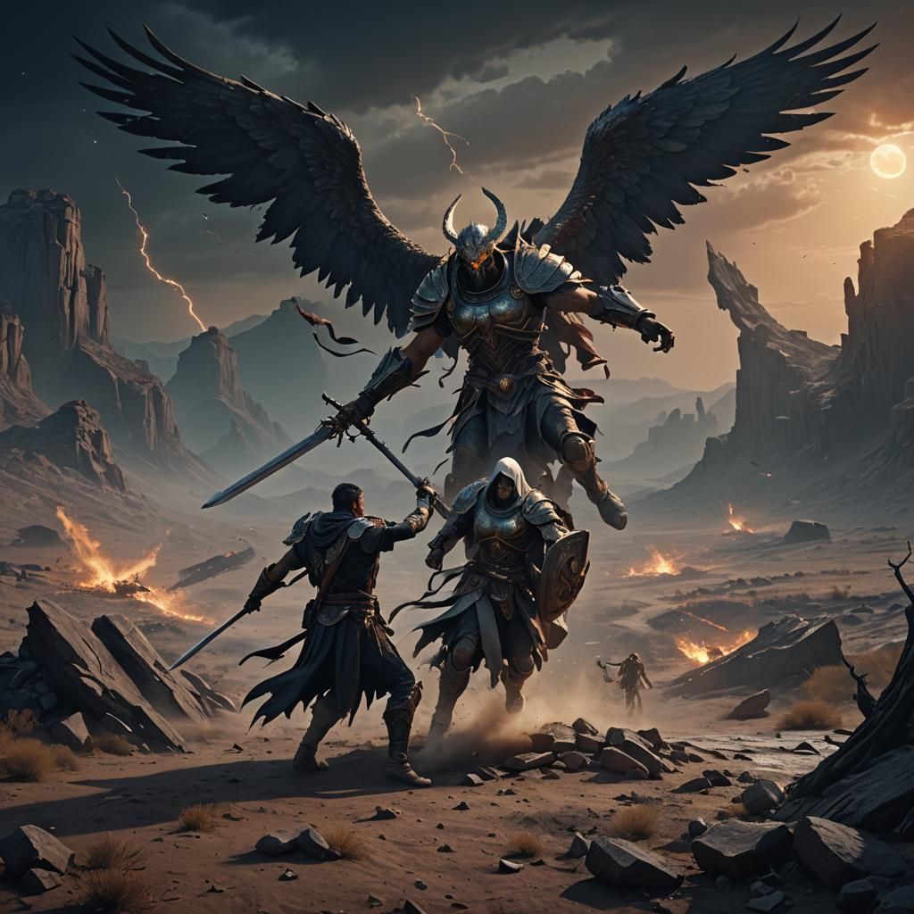 Jacob fights the angel in the dead of night in a dark and ba...