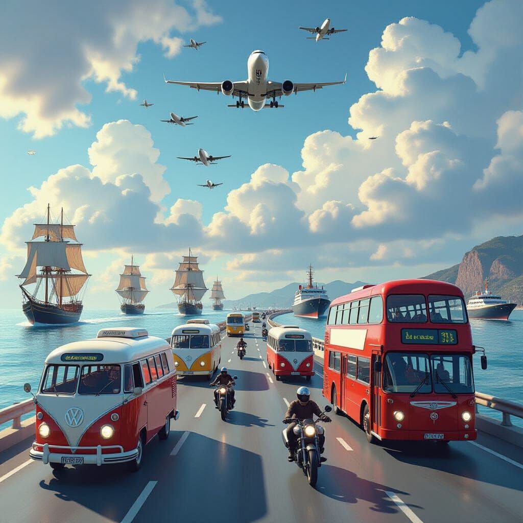 Diverse Vehicles Below Airplanes and Ships