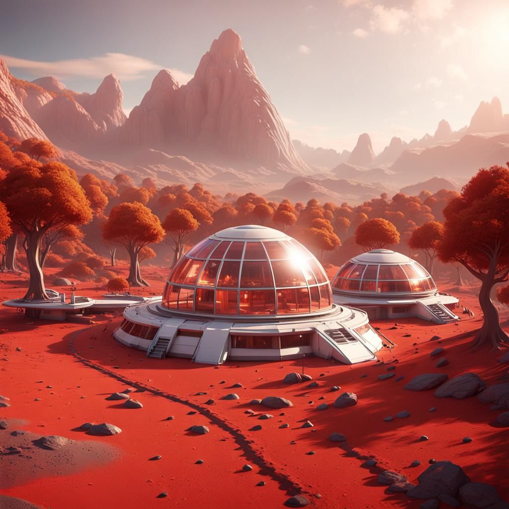 human colony living on mars. glass dome houses and cottages....