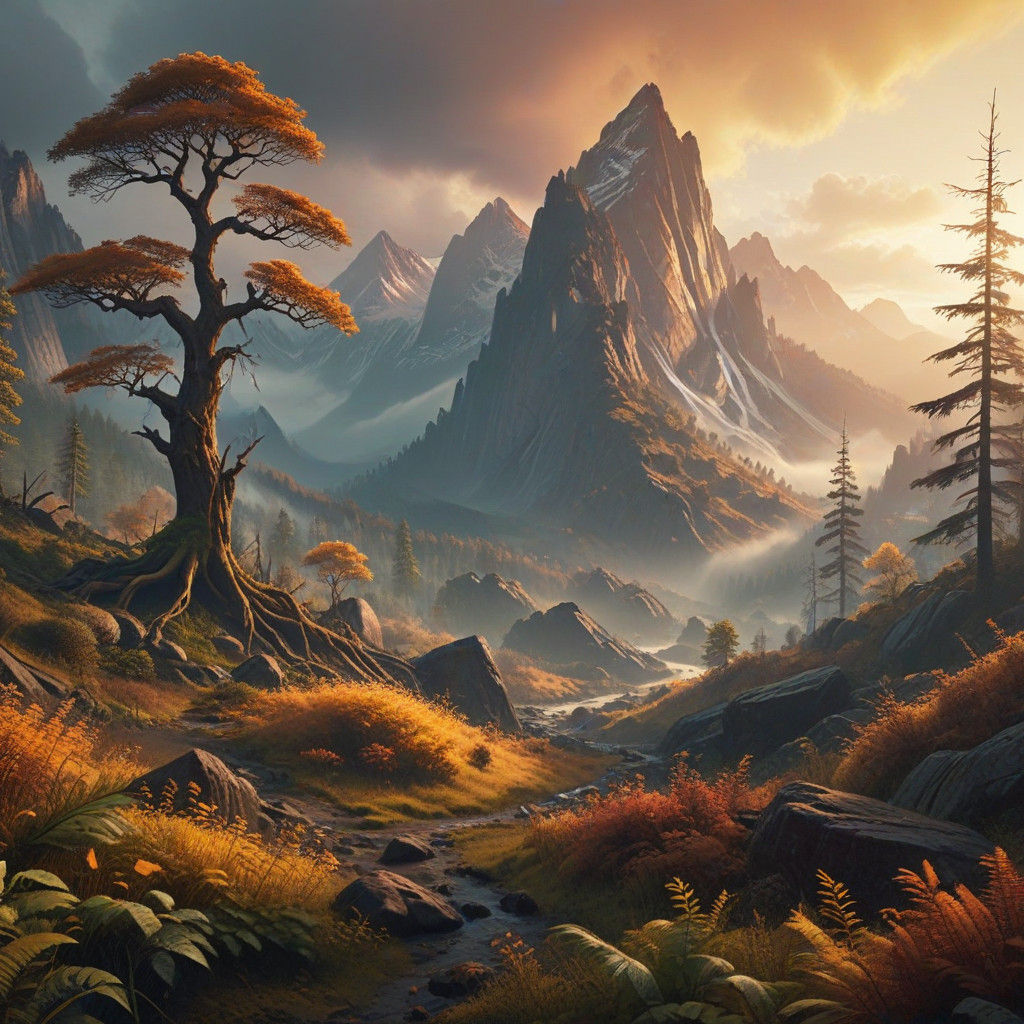 An epic landscape with rugged mountains and thick forests  by @Wolf
