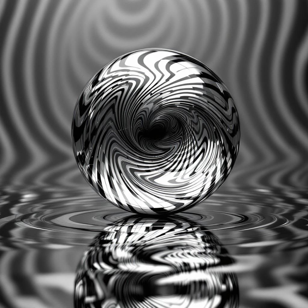 Photorealistic optical illusion featuring a highly reflective shiny chrome sphere resting on a mirrored surface. The sphere reflects a compl...