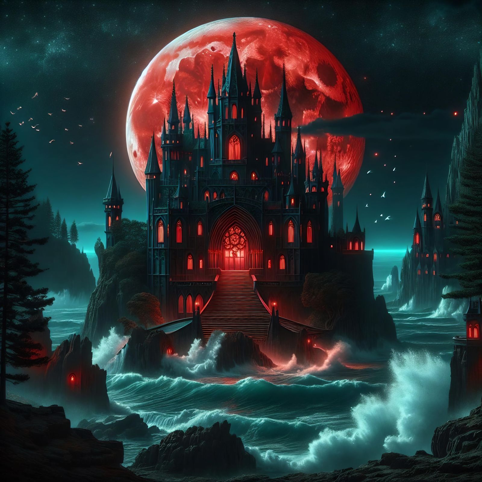 A digital painting depicting a gothic, eerie landscape at night with a