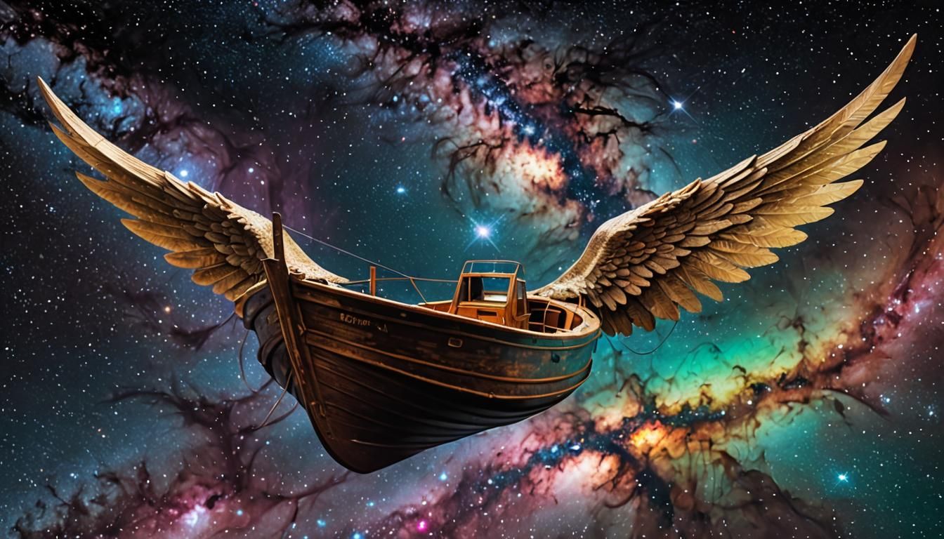 A boat with Huge angel wings at both left and right side of ...
