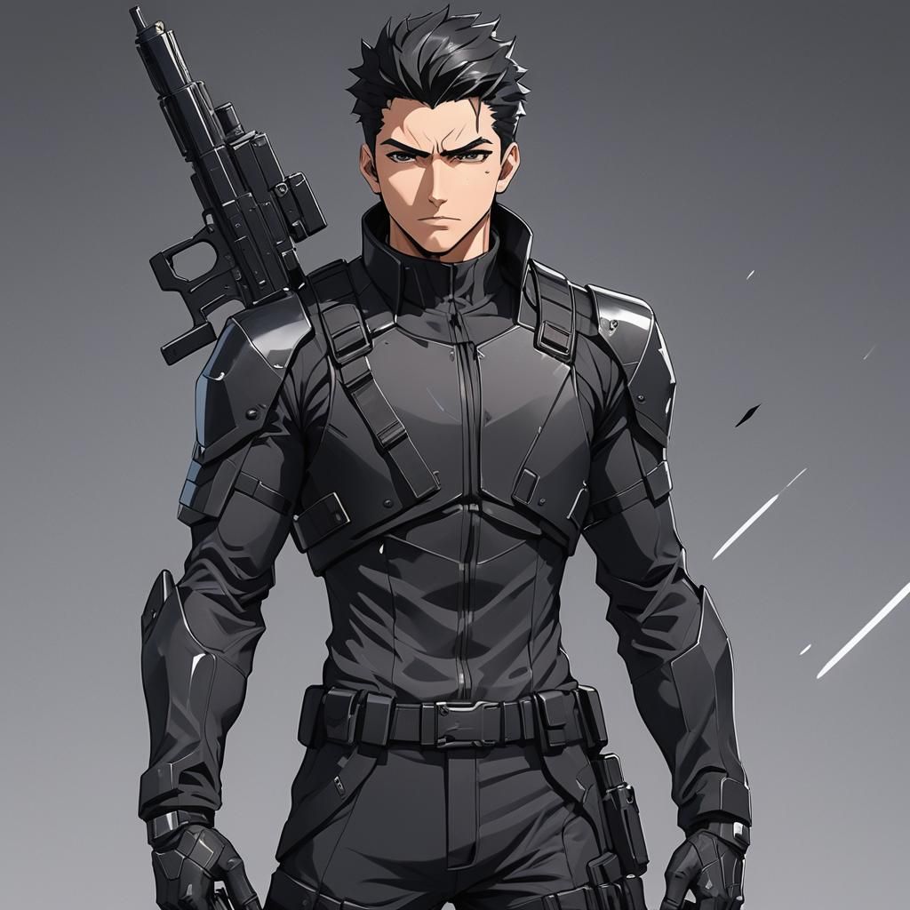 2.5D anime character of a young male secret agent. He has in...