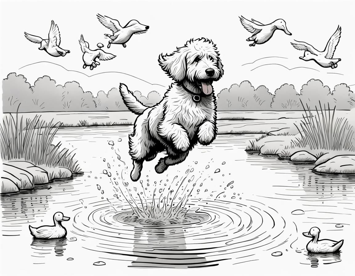 Goldendoodle dog leaps into duck pond  by @Rboblee
