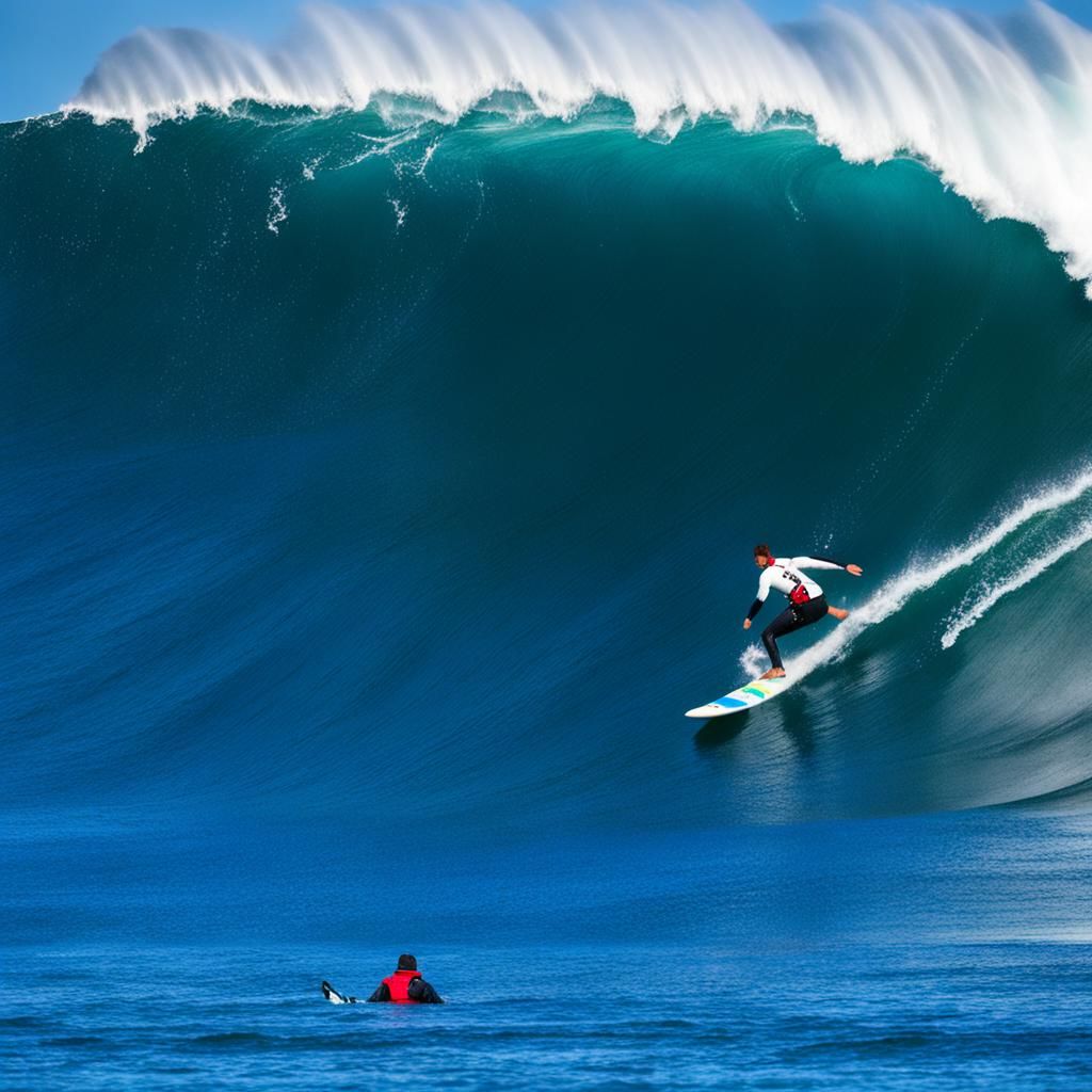 Man surfing largest waves in Nazaré, Portugal