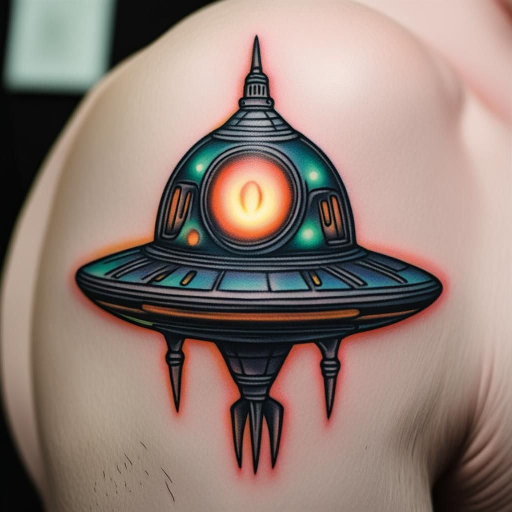 Single needle UFO tattoo on the left inner forearm.