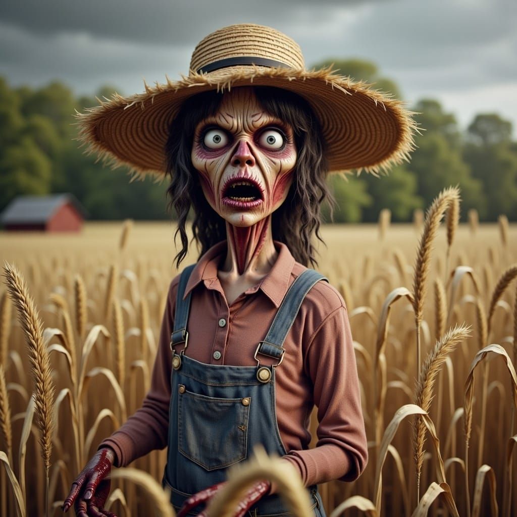 <lora:farm horror:1.0> zombie farmer in the style of farm horror