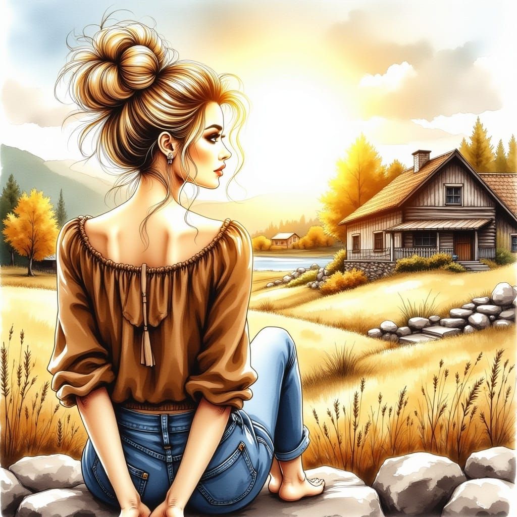 <lora:Alcohol Ink Flux:1.0> stunning woman, messy blonde hair in bun, brown shirt with lace, boho style, sitting on a rock near a rustic hou...