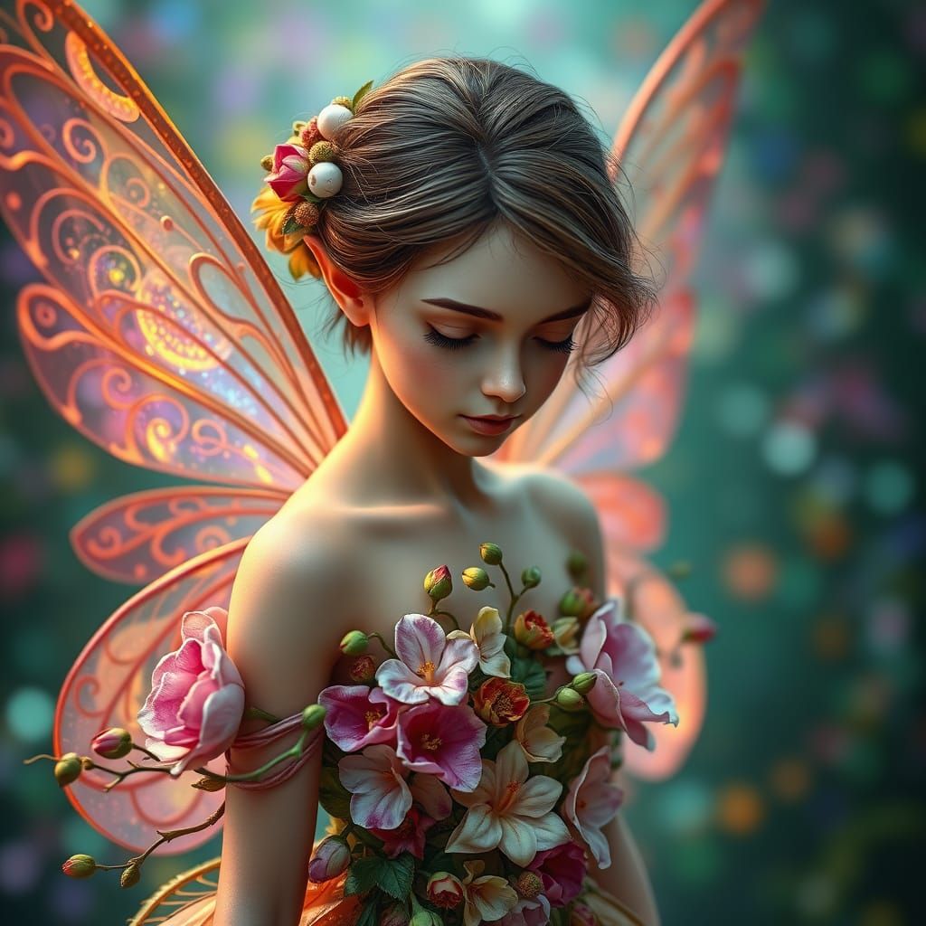 a fairy wearing  dress made from flowers  by @lissa