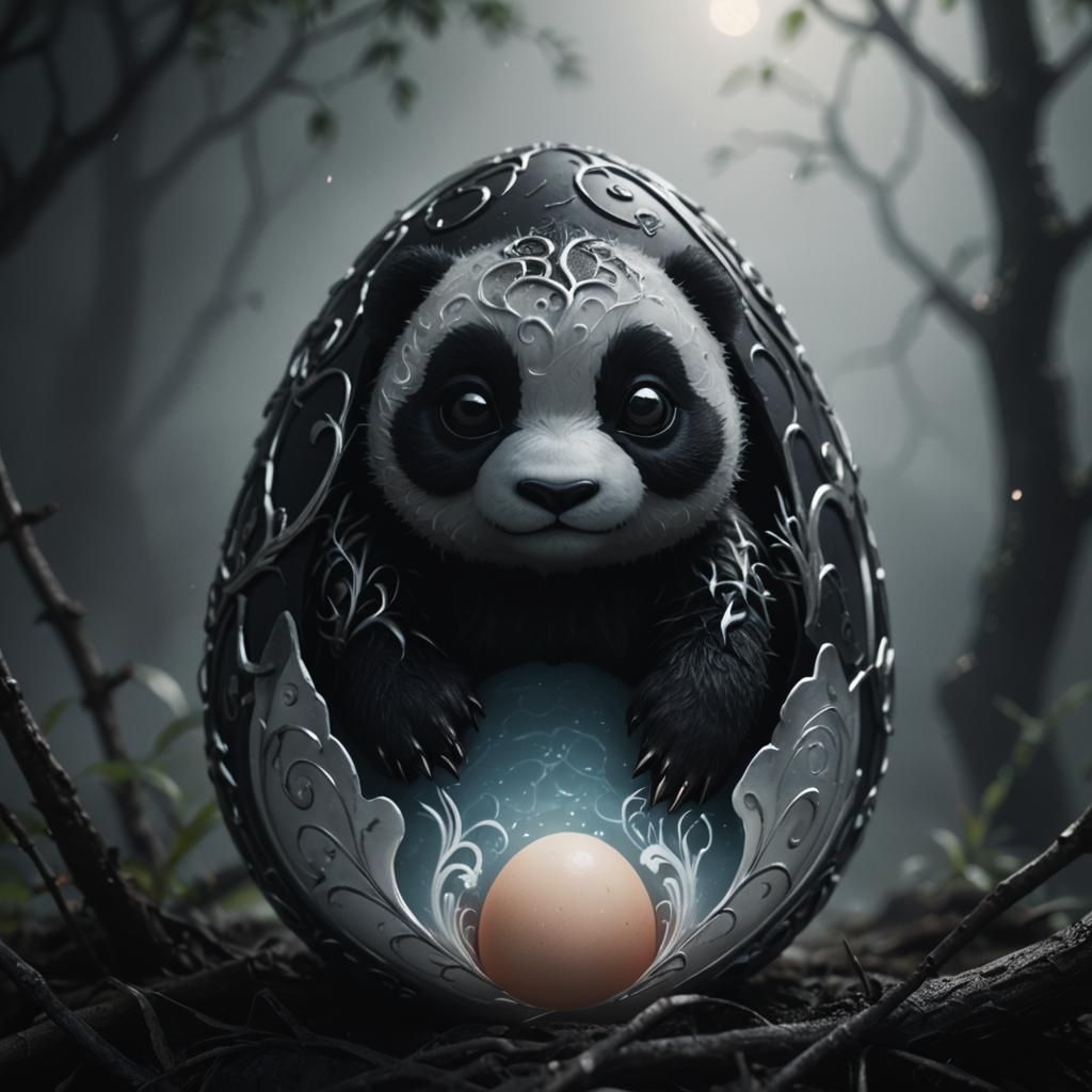 Close-up. A small, adorable panda-like egg
