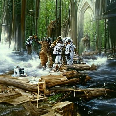 ewoks celebrating a victory, endor, forest, storm troopers