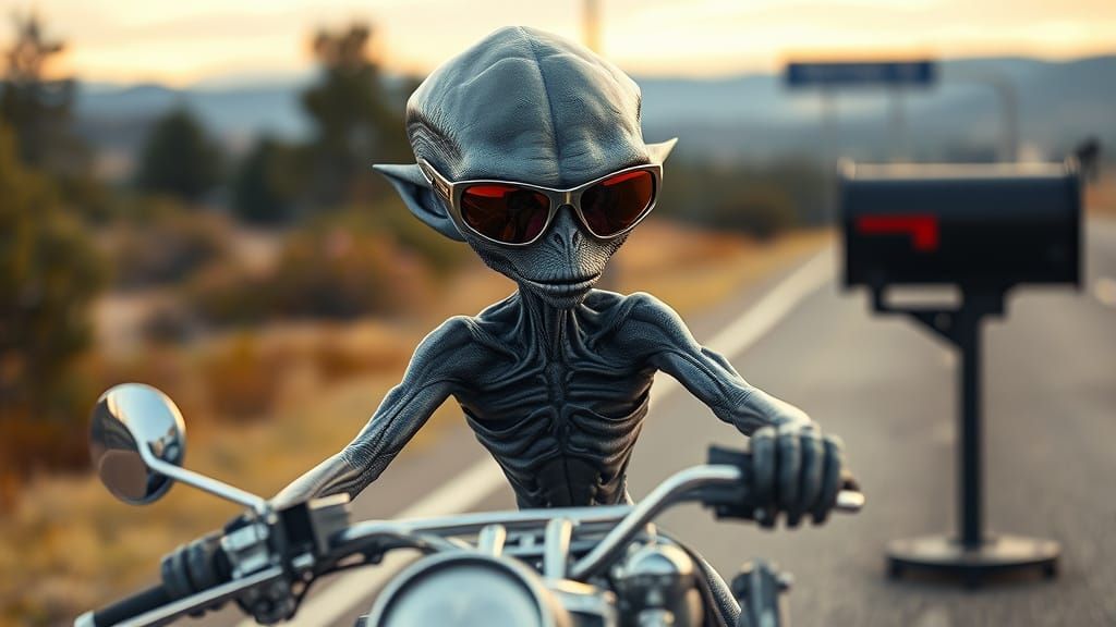 A grey alien rides a custom Harley Davidson on a Nevada Highway