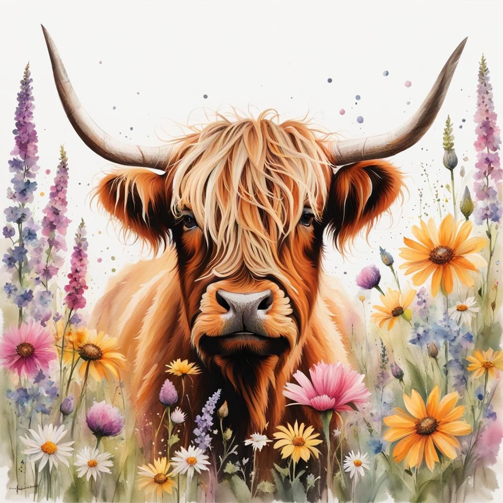 Highland cow surrounded by flowers,