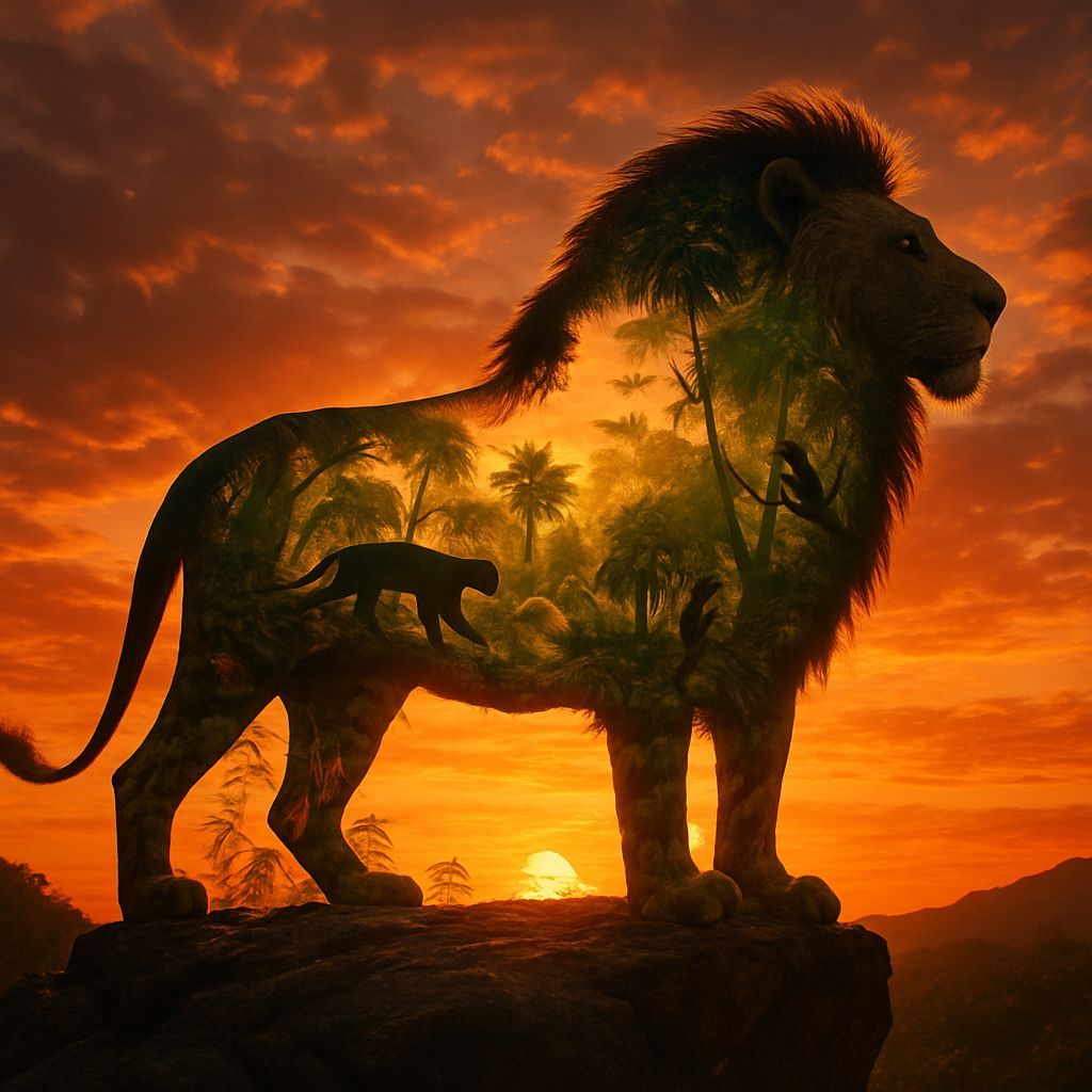 Lion Silhouette with Jungle Double Exposure