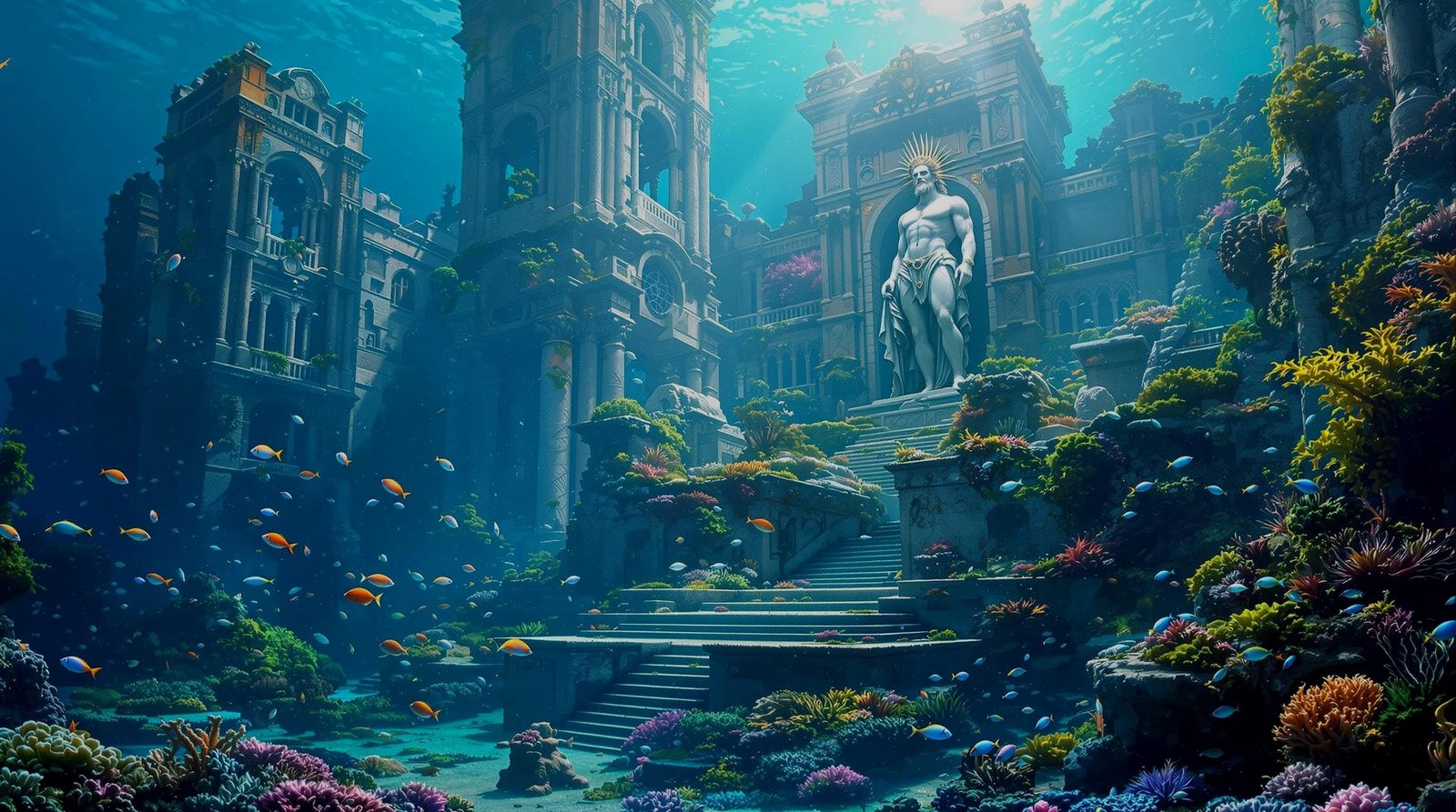 View of the (ruined Atlantis underwater:1.2), sculpture of Posseïdon, palace, colored fishes, luxuriant ...  by @Athanasius