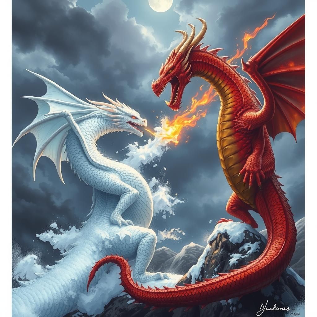 white dragon breathing ice and snow facing a red dragon breathing fire
