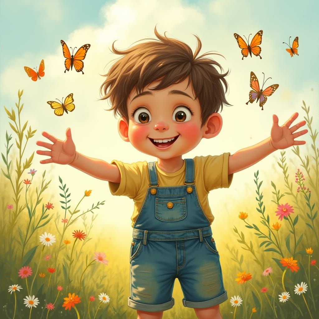 Boy Surrounded by Butterflies in Whimsical Meadow