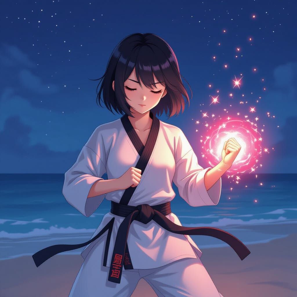 Anime Woman Concentrates Red Ki on Moonlit Beach