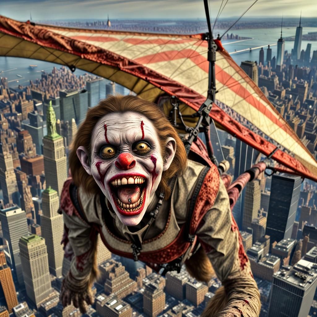 Zombie Monkey Monster Clown Hang Gliding Over New York City