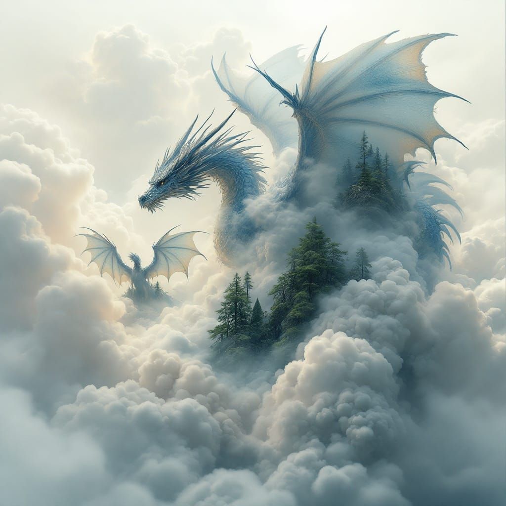 A double exposure: of dragons in the clouds with ethereal  dragon scenes within it   by @Battlecat23
