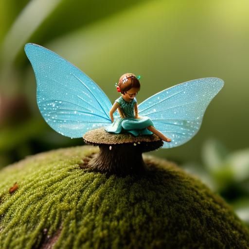 Macro photography of a tiny fairy sitting on a mushroom. Dew...