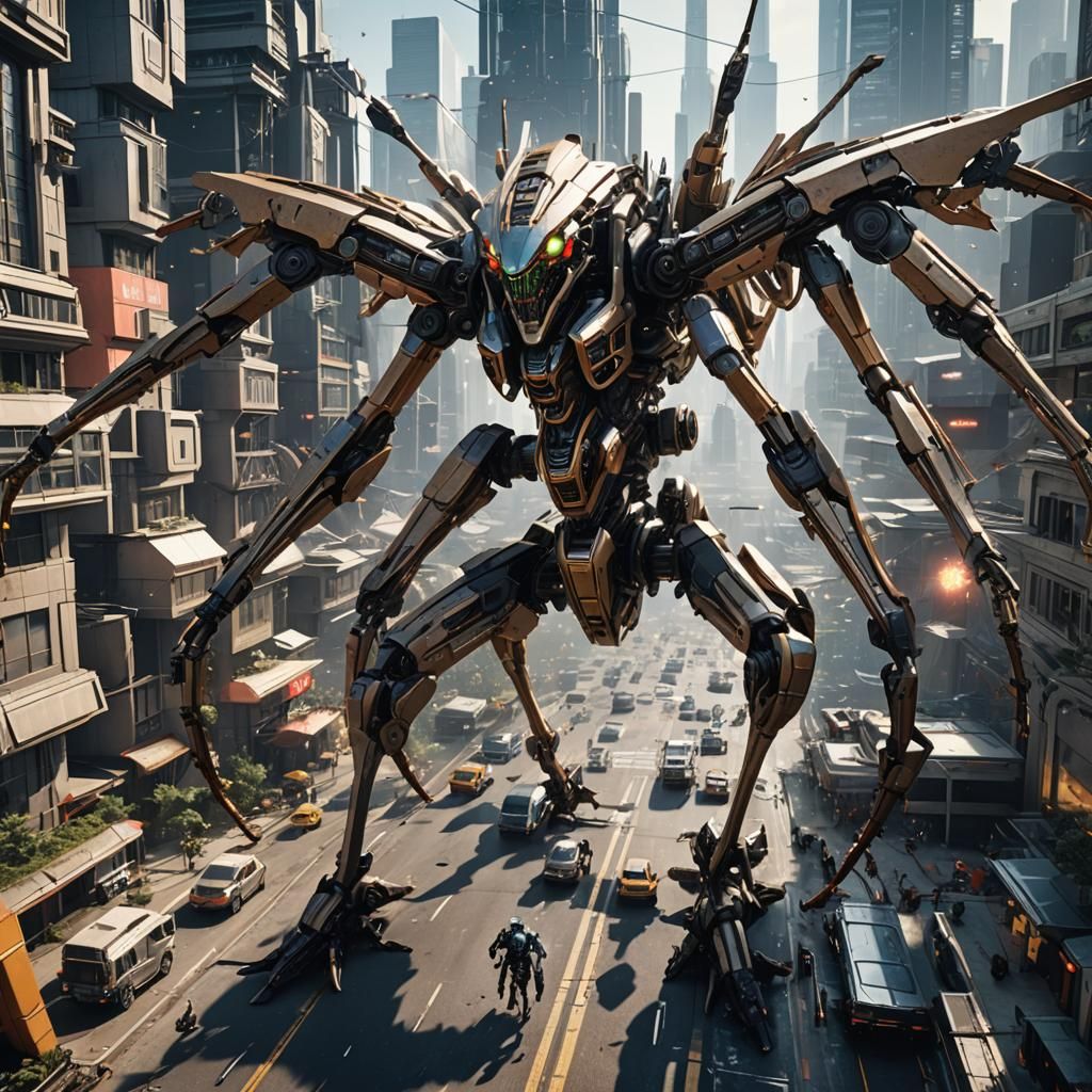 attack of giant mantises and locusts on a futuristic city 3