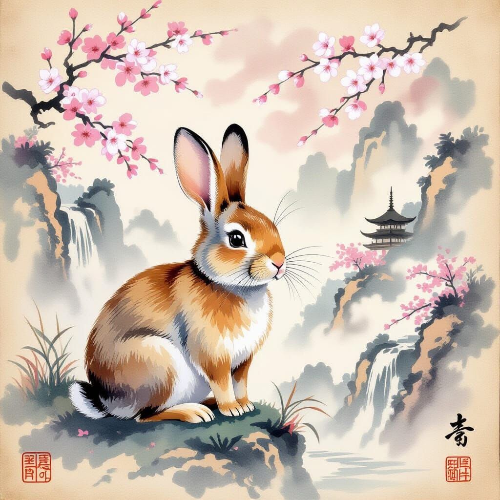 A rabbit painted in the style of traditional Japanese watercolor (sumi-e) on aged washi parchment. The ...  by @Dark Magoo