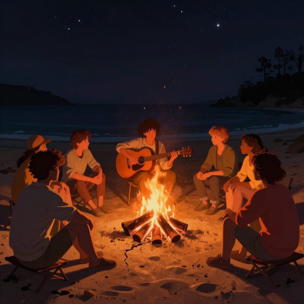 Campfire Gathering with Guitarist on Beach at Night