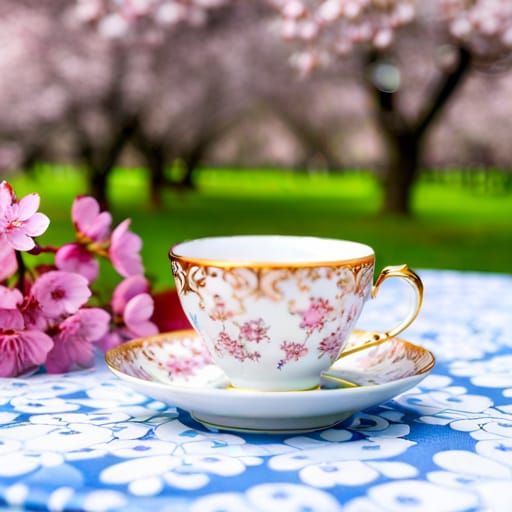 Cherry Blossom Teacup in Orchard: Hyperrealistic Image
