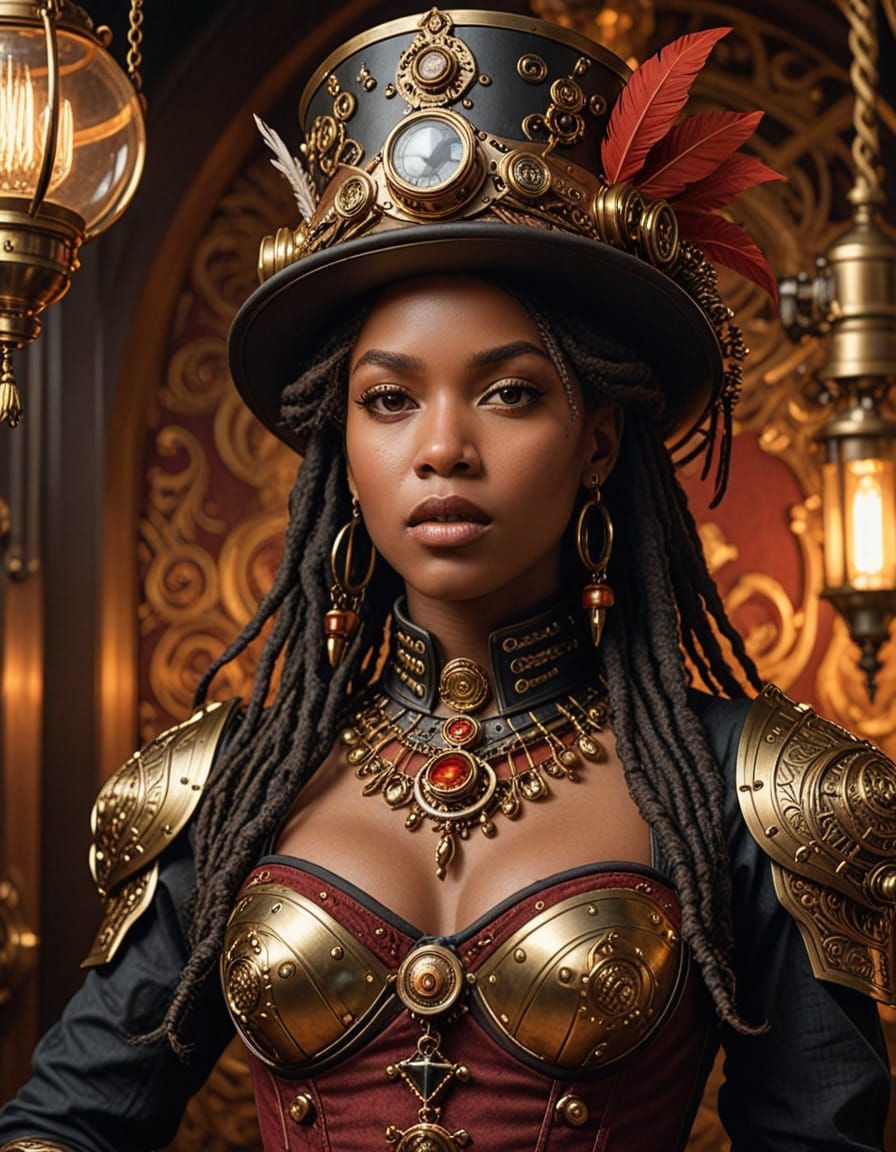 Cinematic waist-up portrait of an African-American steampunk heroine with exaggerated, dramatic dreadlocks cascading past the frame, the mai...