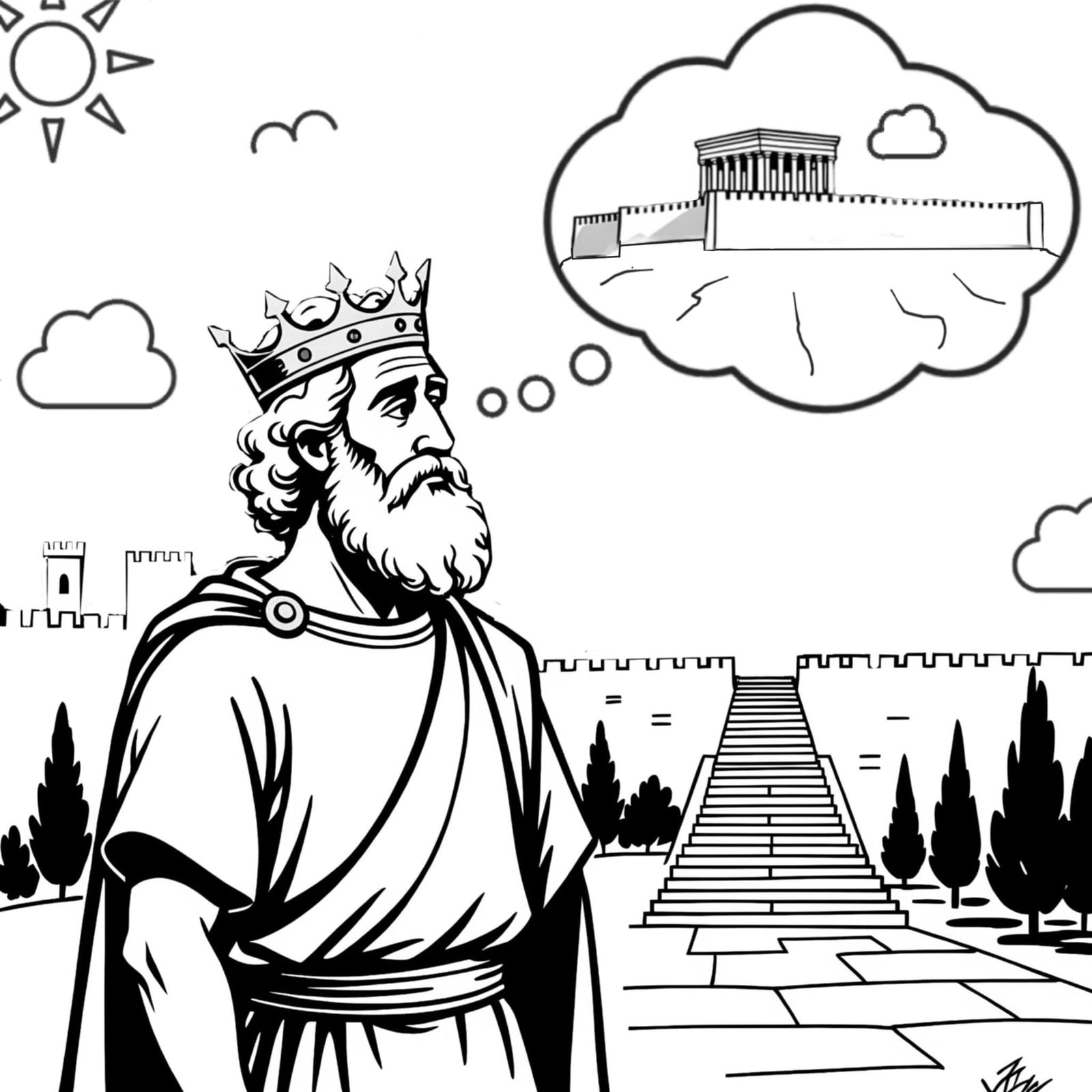 King David Imagines the Temple in Jerusalem-Coloring Page