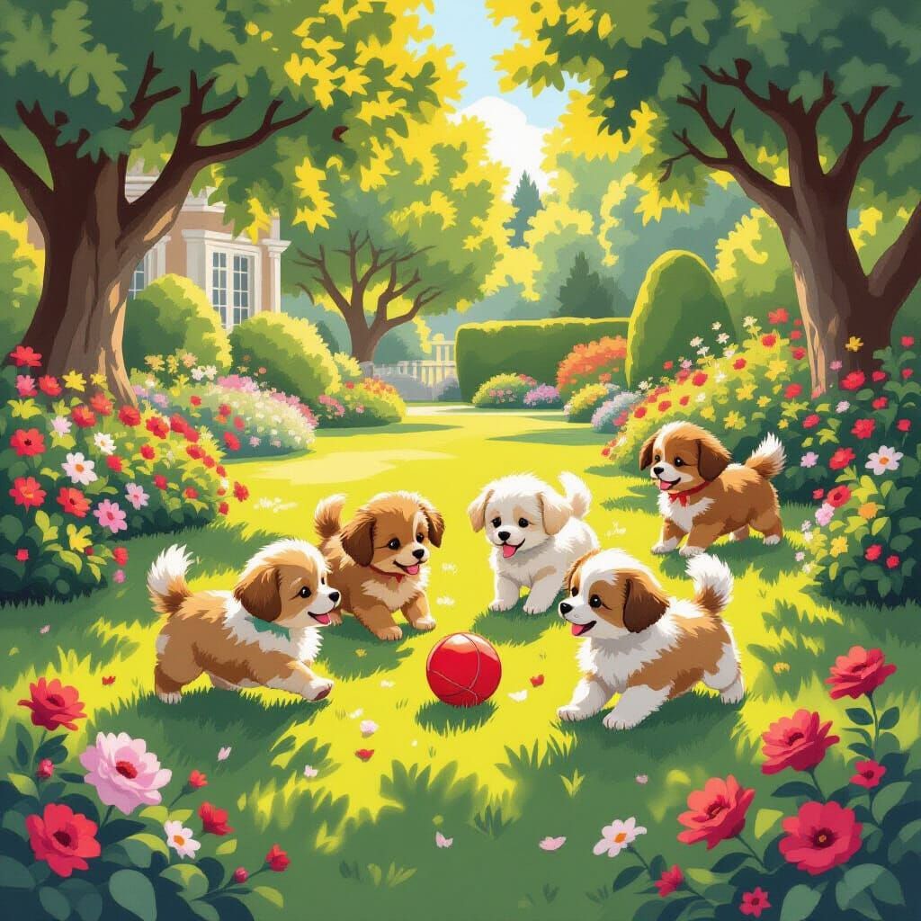 Fluffy Puppies Chase Red Ball in Whimsical Garden