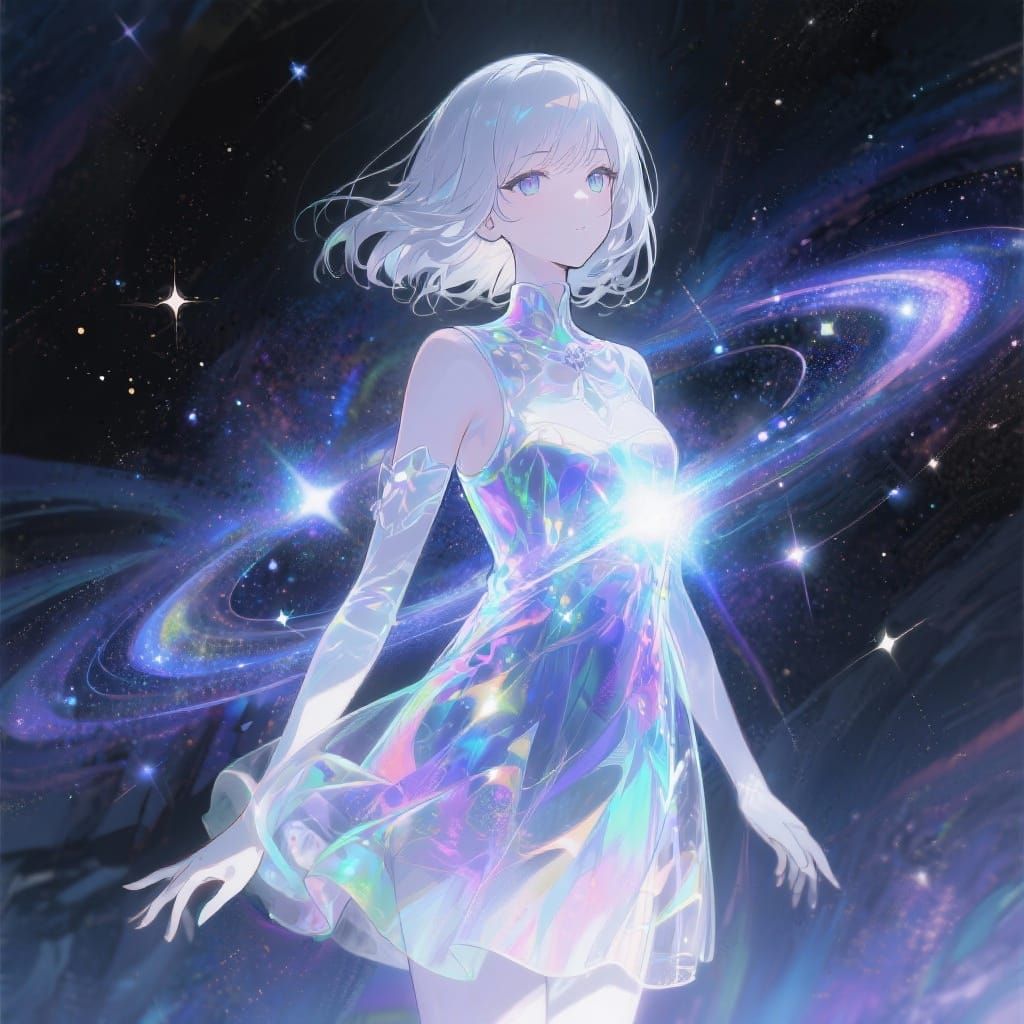 1 girl holographic astral cosmic energies , 8k resolution,illustration mixed media by lietolis , ghost lady picture by artist "anime", Anim...