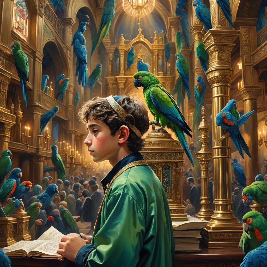 Young Boy Praying with Parrot: Fantasy Concept Art