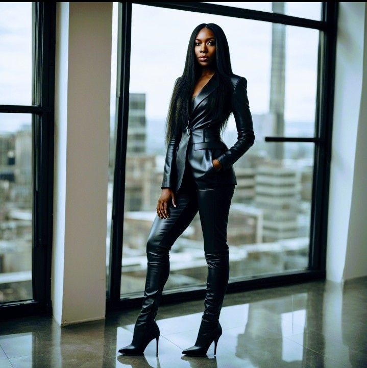 A full length Portrait of a beautiful black woman with long hair dressed in a black leather business suit with black le...
