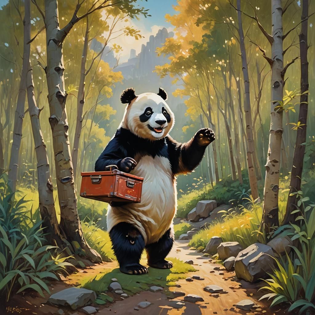 Panda with Toolbox in Whimsical Oil Painting