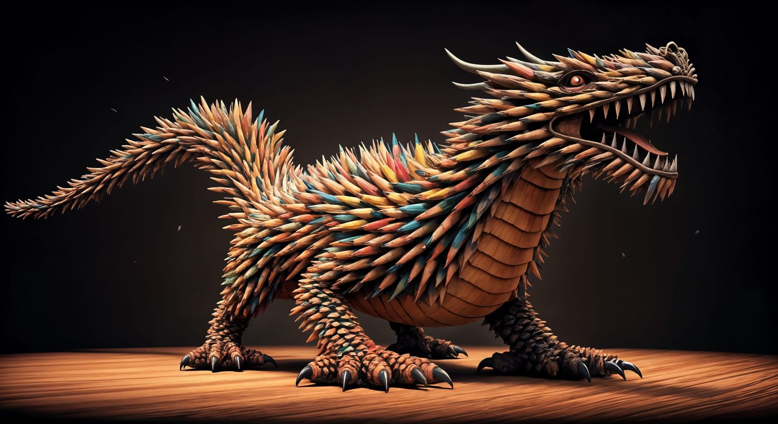 A majestic dragon sculpture, intricately crafted entirely from vibrant, sharpened pencils, appearing ...  by @Moose