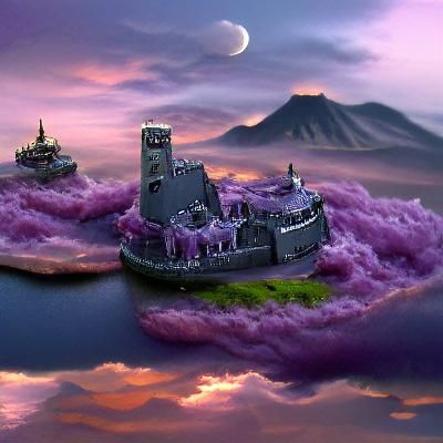 A castle on top of a floating island in a purple twilight sk...
