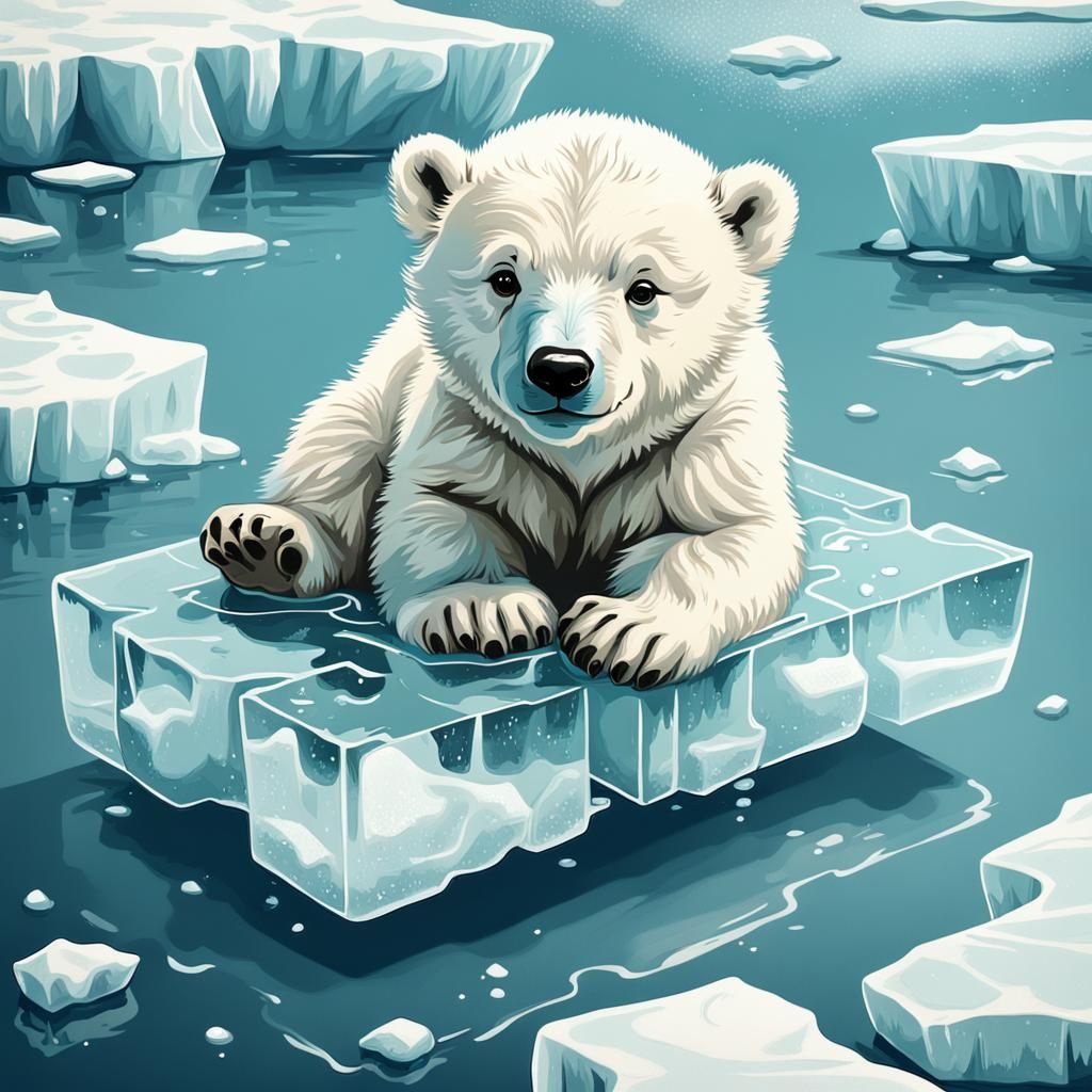 fluffy baby polar bear on floating piece of ice illustration adorable retro vintage  by @PS_Designs
